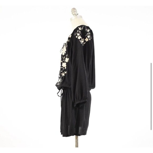 Lucky Brand Sz XS Black Floral Embroidered Tassel Drawstring Tunic Dress Peasant - Picture 5 of 11